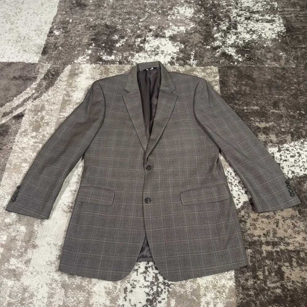JOS‎ A BANK Blazer Mens 42L Brown Windowpane Wool SportCoat Suit Jacket